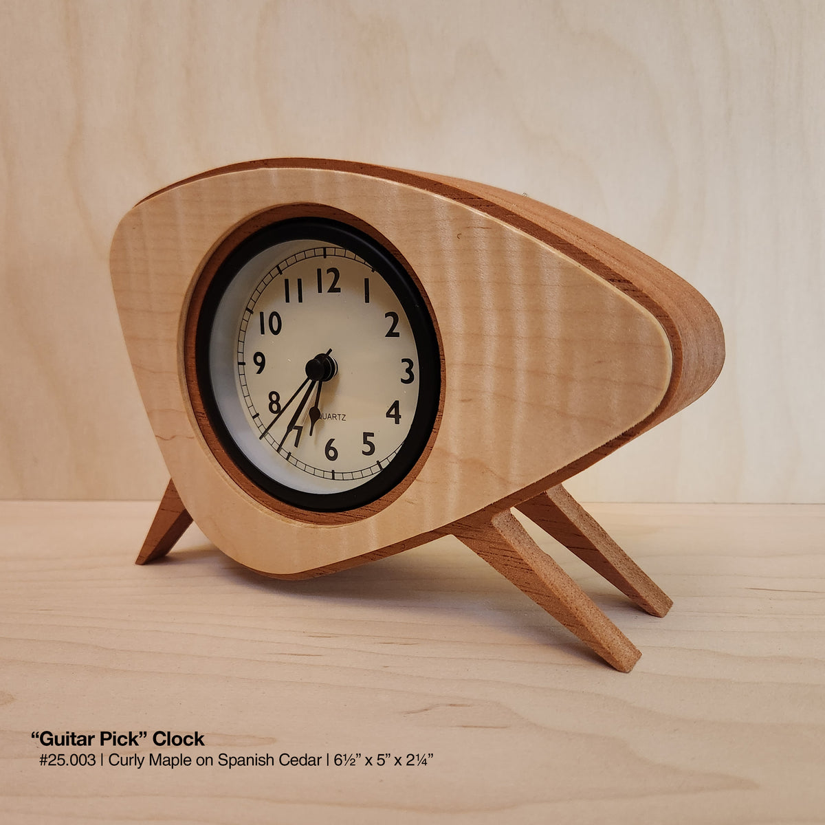 "Guitar Pick Clock - Curly Maple on Spanish Cedar"
