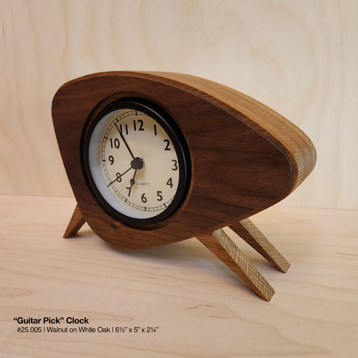 "Guitar Pick Clock - Walnut on White Oak"