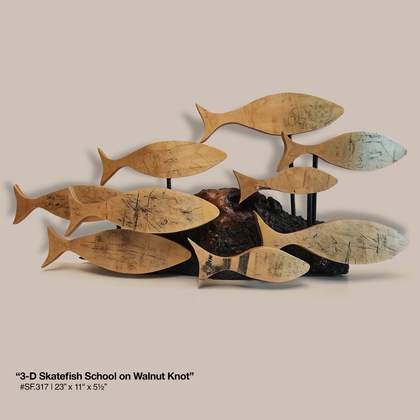 "3-D Skatefish School on Walnut Knot"