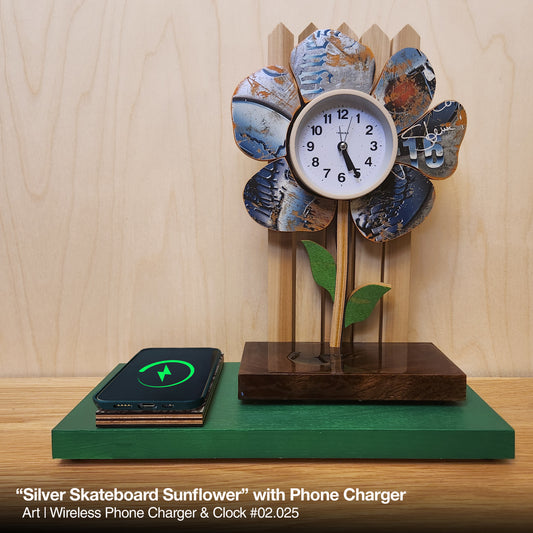 Silver Skateboard Sunflower Clock - WITH Phone Charger