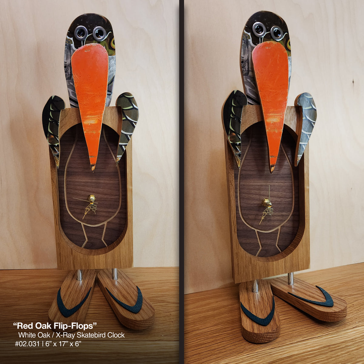 "Skatebird X-Ray Clock w/ Red Oak Flip Flops"