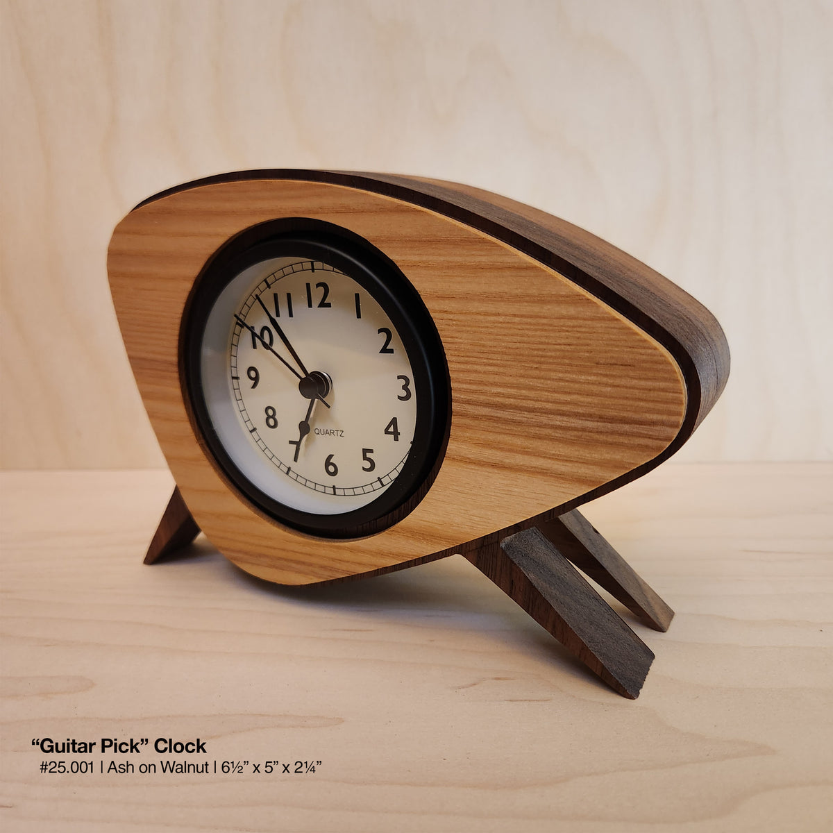 "Guitar Pick Clock - Ash on Walnut"