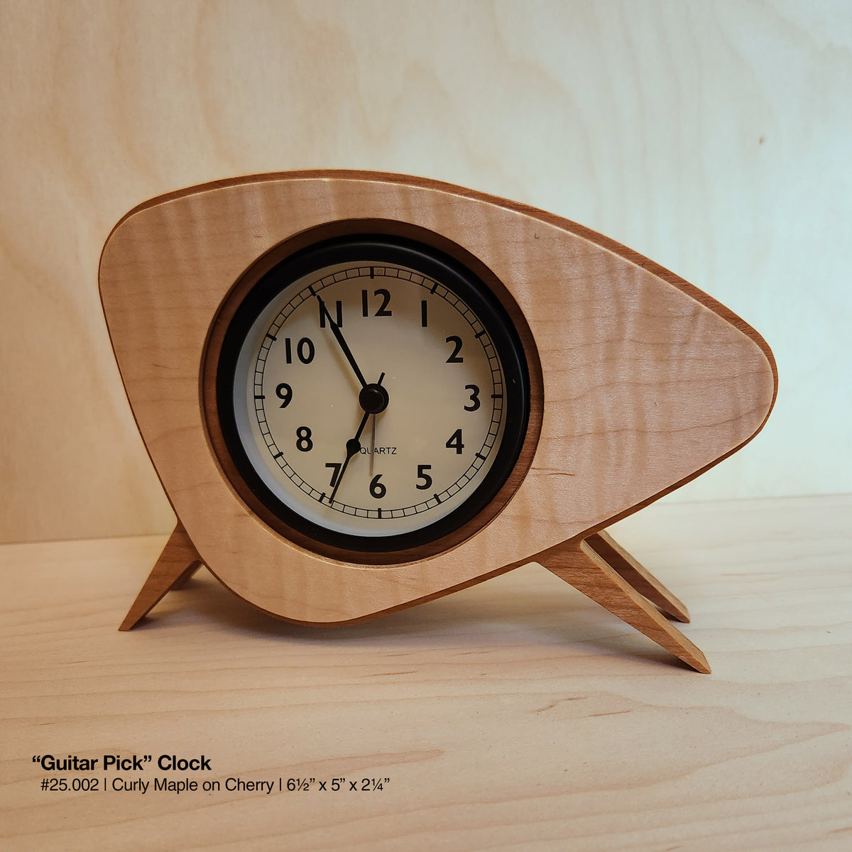 "Guitar Pick Clock - Curly Maple on Cherry"