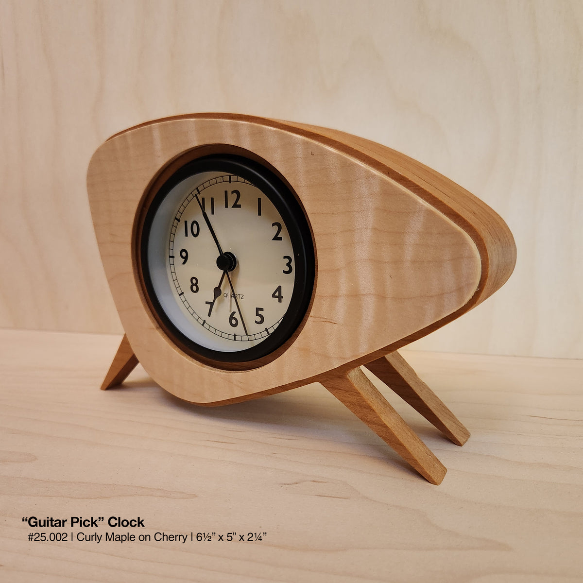 "Guitar Pick Clock - Curly Maple on Cherry"