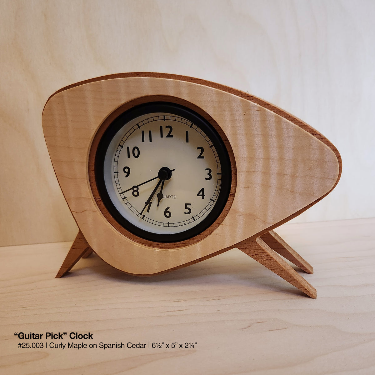 "Guitar Pick Clock - Curly Maple on Spanish Cedar"