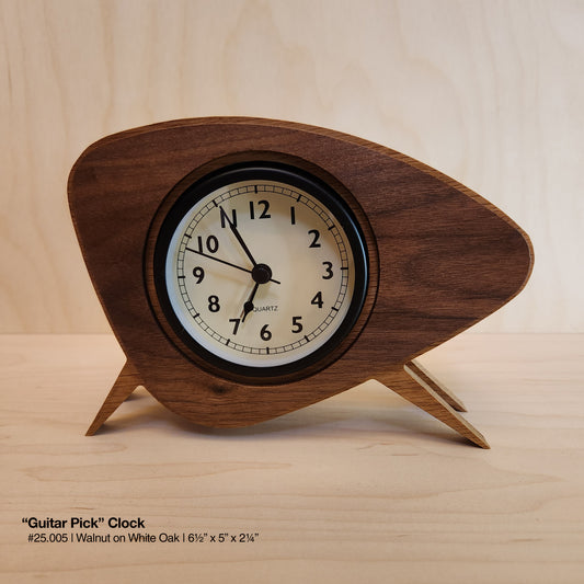 "Guitar Pick Clock - Walnut on White Oak"