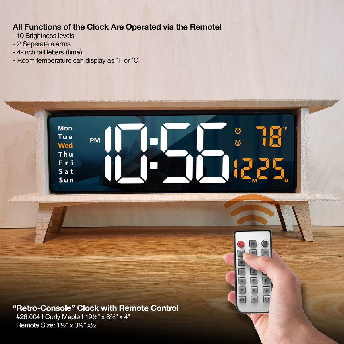 "Retro Console Clock - American Curly Maple"